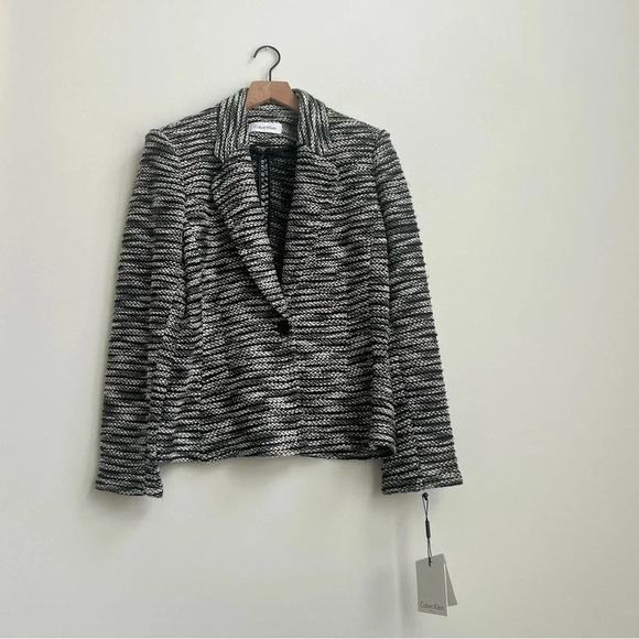 Calvin Klein Womens Black/White Tweed Knit Blazer Button NWT Textured Boucle 14 - Picture 1 of 16
